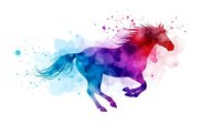 Watercolor horse silhouette in vibrant blue and magenta hues with paint splashes, galloping motion captured in artistic style for creative projects.