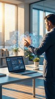 Professional businessman interacting with holographic digital interface displaying data analytics and connectivity icons in modern office environment.
