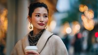 Young Asian woman in elegant beige coat holding coffee cup on city street with warm bokeh lights background during evening hours.
