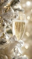Sparkling champagne flute with white satin bow against snowy Christmas tree with silver ornaments and soft bokeh lights creating festive holiday atmosphere.