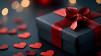 Elegant black gift box with red satin ribbon surrounded by scattered heart confetti against bokeh lights background for romantic occasions and celebrations.