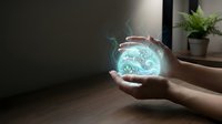 Hands holding glowing holographic Earth globe with digital network connections in modern office environment for technology and environmental concepts.