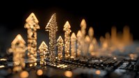 Glowing golden arrow-shaped financial indicators rising on dark background, symbolizing market growth and investment success.