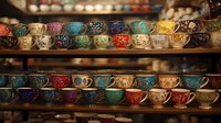 Colorful vintage teacups arranged on wooden shelves, featuring ornate Middle Eastern patterns in turquoise, red, gold and blue tones. Traditional ceramic collection display.