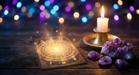 Mystical tarot card reading setup with burning candle, amethyst crystals and colorful bokeh lights creating magical atmosphere for spiritual guidance sessions.