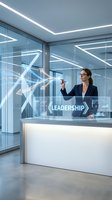 Young professional woman, Caucasian ethnicity, wearing business attire and glasses, standing at modern reception desk with neon leadership signage and geometric light installations in contemporary office environment.
