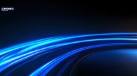 Glowing blue light trails curve across dark background creating dynamic motion effect, abstract technology concept for presentations and digital designs.