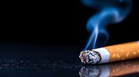 Burning cigarette with blue smoke trail against dark background, showing glowing ash and reflection on glossy surface. Dramatic lighting highlights addiction concept.