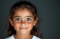 Portrait of smiling young girl with bright blue eyes, freckles, and natural makeup against dark background, wearing white top. Genuine expression radiates joy.