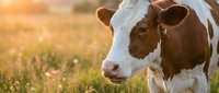 Young Holstein dairy cow grazing in sunny pasture field during golden hour sunset with warm natural lighting for agricultural and farming content.