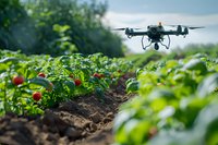 Modern agricultural drone flying over organic strawberry field monitoring crop growth and health. Perfect for smart farming and precision agriculture concepts.