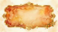 Ornate golden frame with warm watercolor wash in burnt orange and cream tones, featuring decorative flourishes and floral accents. Isolated on transparent background, ready for design projects.