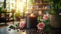 Glowing black candle with pink roses and scattered coffee beans on wooden surface in cozy home interior with soft natural lighting and potted plants.