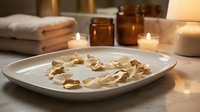 Spa wellness setup with dried flower petals on white plate, candles, amber jars and towels creating relaxing atmosphere for aromatherapy treatment.