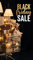 Shopping cart filled with wrapped gifts, gold baubles, and lamp against dark background with Black Friday Sale text for promotional retail campaigns.