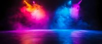 Vibrant neon smoke clouds in pink, blue and purple hues create dramatic lighting effects over reflective surface for modern digital backgrounds.