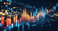 Digital financial data visualization with glowing bar charts and circuit patterns on dark background for business analytics and market research presentations.