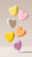 Floating pastel heart shapes in soft yellow, pink, white, orange and purple colors against neutral background, creating romantic minimal composition for valentines designs.