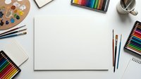 Artist workspace with blank canvas, colored pencils, paintbrushes and palette on white desk. Creative studio setup for drawing, painting and design projects.