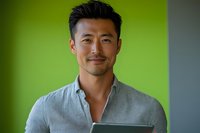 Professional Asian male entrepreneur holding digital tablet, smiling confidently against vibrant green background, modern business portrait.