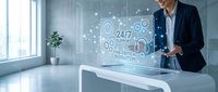 Professional businesswoman using holographic customer service interface with 24/7 support icons in modern office environment for digital transformation concepts.