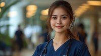 Young Asian female healthcare worker in navy blue scrubs and stethoscope smiling warmly at camera in hospital corridor with soft bokeh background.
