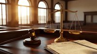 Golden scales of justice and wooden gavel on courtroom desk with legal documents. Professional law office interior with warm sunlight through windows.
