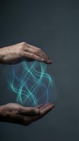 Senior hands protecting glowing blue energy waves symbolizing care, healing power, and spiritual protection on dark background.