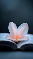 Delicate pink flower petals emerging from open book pages against dark background, creating dreamy artistic composition with soft focus and gentle lighting effects.