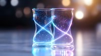 Glowing hourglass silhouettes with blue and pink neon light effects against dark background with bokeh lights, symbolizing time management and future concept.