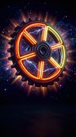 Glowing neon gear wheel with orange and yellow light effects against cosmic space background with stars and energy bursts for technology concepts.