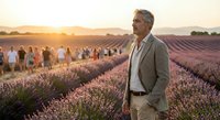 Mature businessman in beige suit standing in blooming lavender field at golden hour sunset with tourists in background exploring purple flower rows.