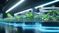 Young cannabis seedling growing in glass container under LED lights in modern laboratory setting, showcasing controlled environment cultivation and research.