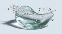 Transparent water splash in bird shape with droplets scattered around, frozen motion on light background, dynamic liquid sculpture with soft aqua tint.