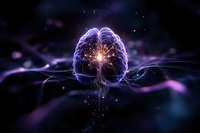 Glowing purple brain with central light burst and flowing energy waves against dark background, representing consciousness, intelligence and neural networks.