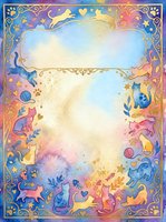 Watercolor cat frame border with playful felines, paw prints and yarn balls on gradient background. Copy space for text, invitations or pet-themed designs.