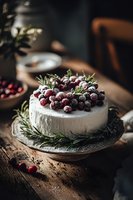 Festive white cheesecake topped with frosted cranberries and fresh rosemary sprigs on rustic wooden table, creating elegant holiday dessert atmosphere.
