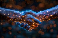 Digital glowing handshake with blue and orange light particles on dark background represents business partnership, technology connection and agreement.