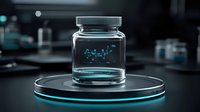 Glowing molecular structure formula on glass jar displayed on futuristic illuminated platform against dark laboratory background, science concept visualization.