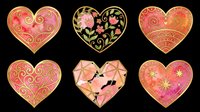 Six watercolor hearts with gold details, isolated on transparent background. Floral, mandala, gem and swirl styles. Great for Valentine clipart, stickers, t-shirt design, print on demand.