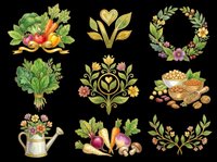 Vegetable garden arrangement with fresh produce, herbs, and floral wreaths isolated on transparent background, ready for t-shirt designs, clipart, stickers, and print-on-demand products.