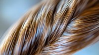 Close-up macro shot of flowing brown hair strands with golden highlights showing natural texture and movement against soft blurred background.