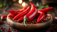 Fresh red chili peppers on rustic wooden plate with scattered peppercorns and soft bokeh lights in dark moody background, macro food photography.