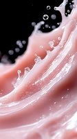 Dynamic splash of pink liquid with crystalline droplets and bubbles creating elegant wave pattern against black background, macro photography style composition.
