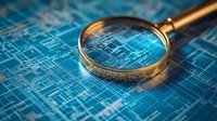 Vintage magnifying glass on blue circuit board blueprint background, examining electronic schematic design with dramatic lighting and shallow depth of field.