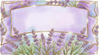 Lavender flowers frame an empty banner space with gold ornamental borders on soft purple watercolor background, suitable for greeting cards and invitations.