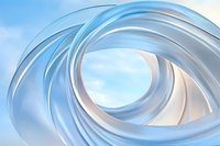 Abstract spiral curves in soft blue and white tones create dynamic flowing motion against light background, suggesting technology and innovation.