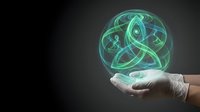 Hand holding glowing green holographic brain with neural networks and connections on dark background for technology and artificial intelligence concepts.