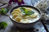 Homemade banana pudding with fresh slices, mint leaves and lemon in ceramic bowl on dark background, creamy dessert with vanilla custard.