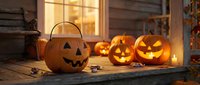 Halloween jack-o-lantern pumpkins with carved faces glowing on rustic wooden porch with autumn leaves and warm window light creating spooky festive atmosphere.
